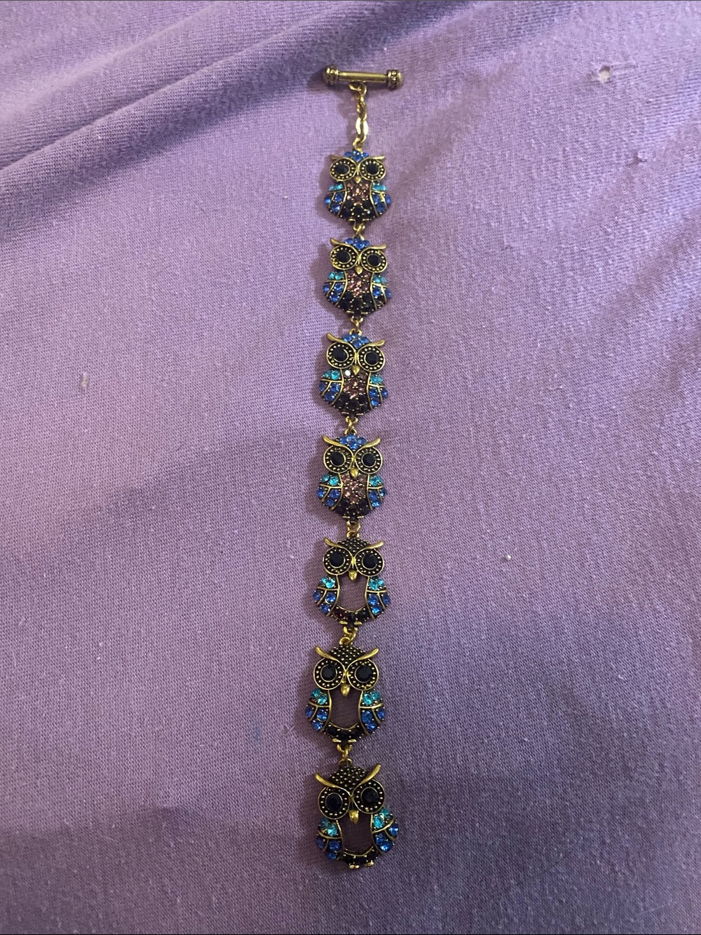 Gold-Tone Blue Crystal Owl Link Bracelet - Brand Unspecified
